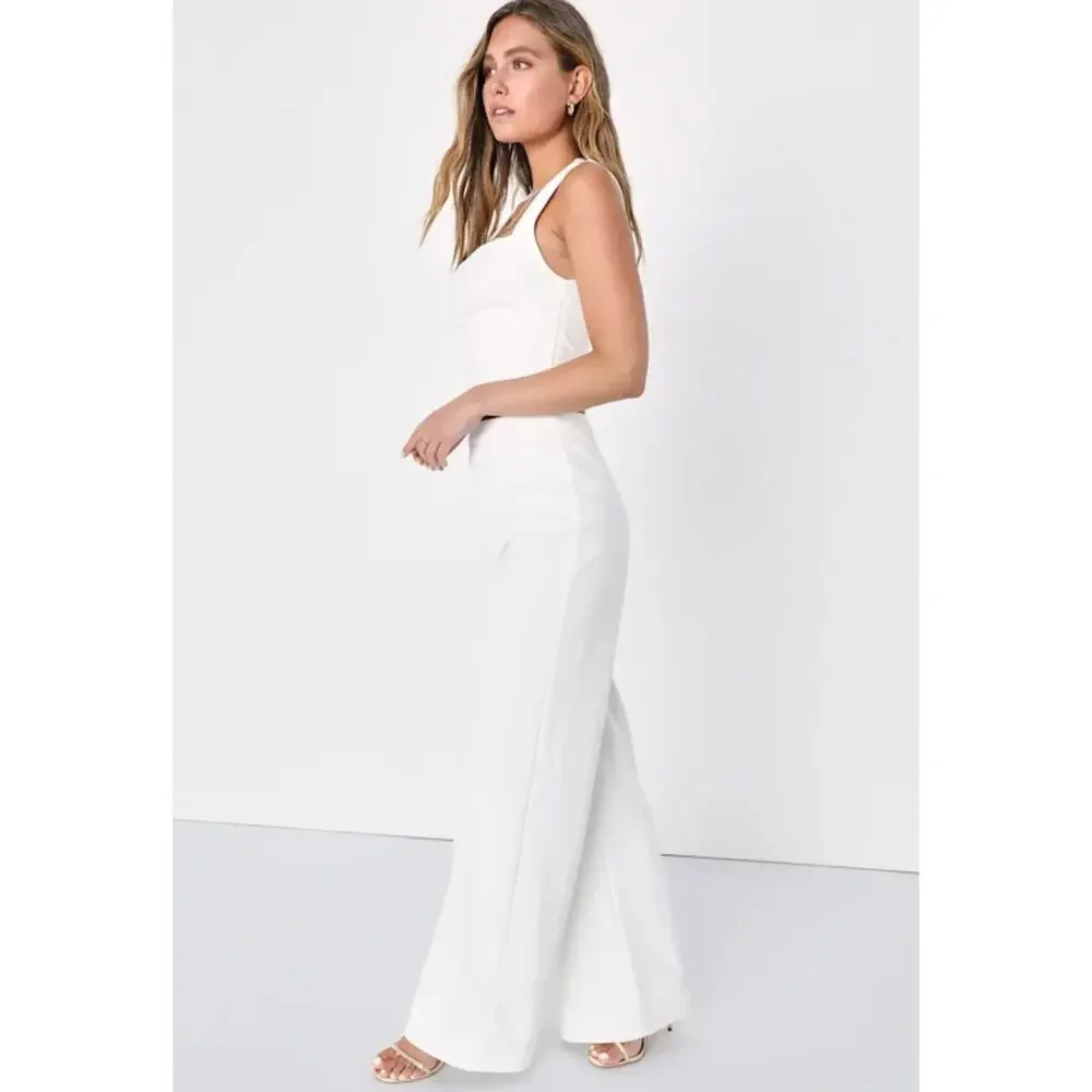 Lulus Enticing Endeavors White Two-Piece Jumpsuit - Wide Leg Bridal Set Size M - Picture 2 of 16